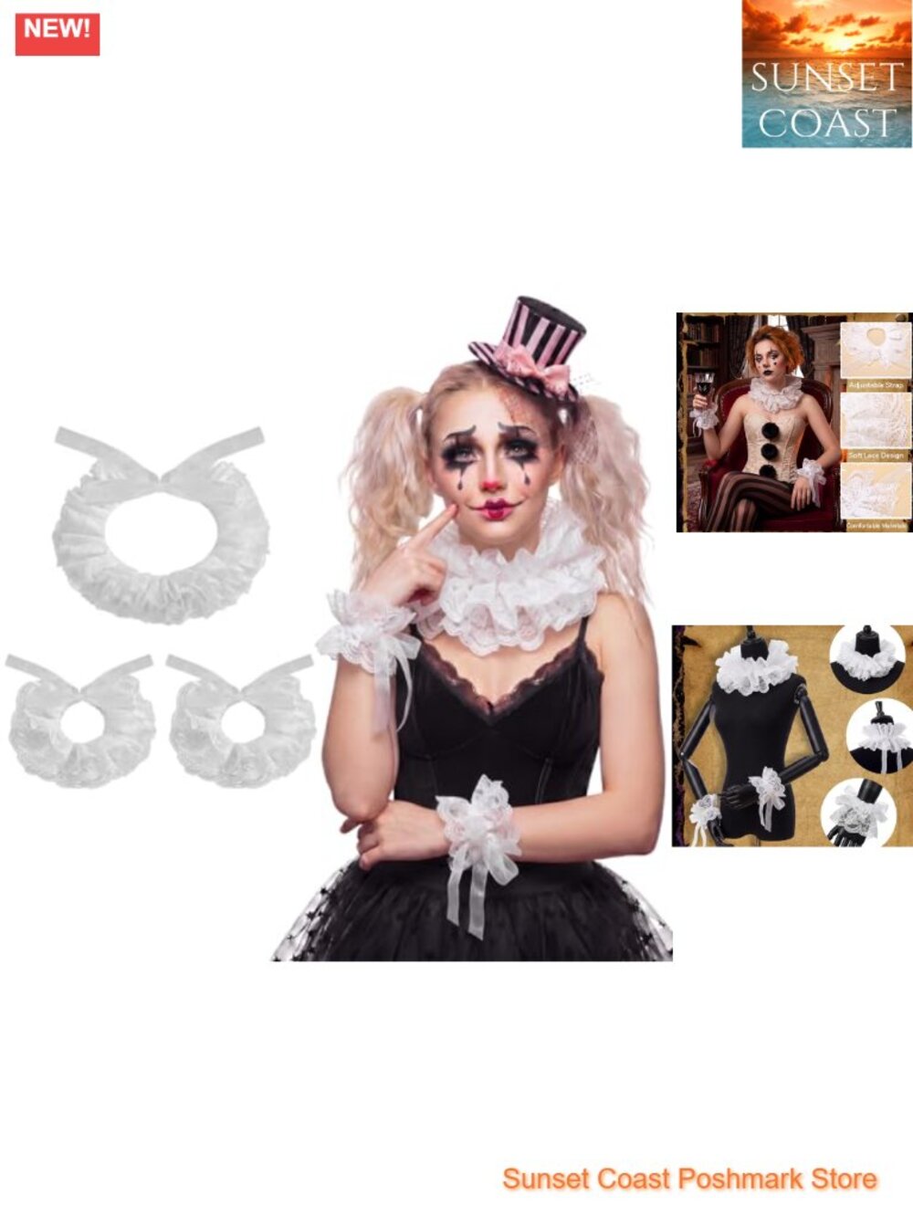 Lace Ruffle Collar and Cuffs Set Detachable Victorian Clown Cosplay Accessories
